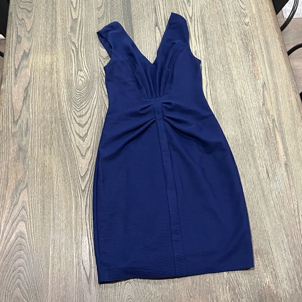 Express Dress Mini Bodycon V Neck Sleeveless Zip Back Stretch Ruched Blue Size 6